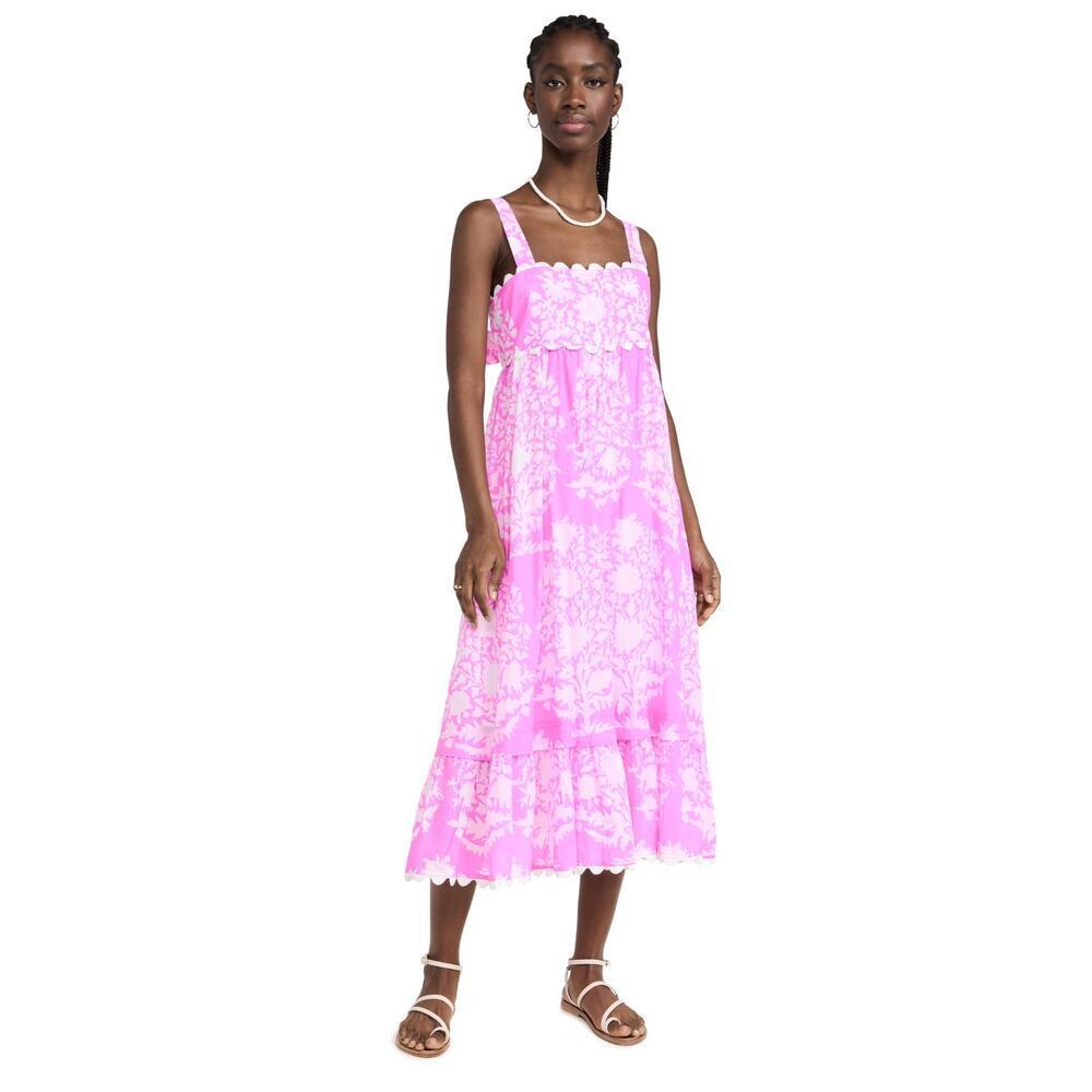 Juliet Dunn Square Neck Palladio Print Cotton Midi Dress Pink White Orchid